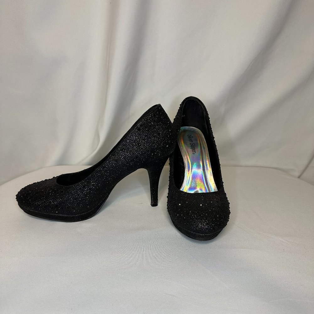 Black Sparkly Heels - Silver Slipper Brand